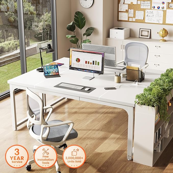 Huuger 63 x 24 inch Desk with Power Outlets &amp USB-C Deeper &amp Thicker Desktop Robust Metal Tubes Computer Desk Heavy Duty Office Desk Work Gaming Desk for Home Office White