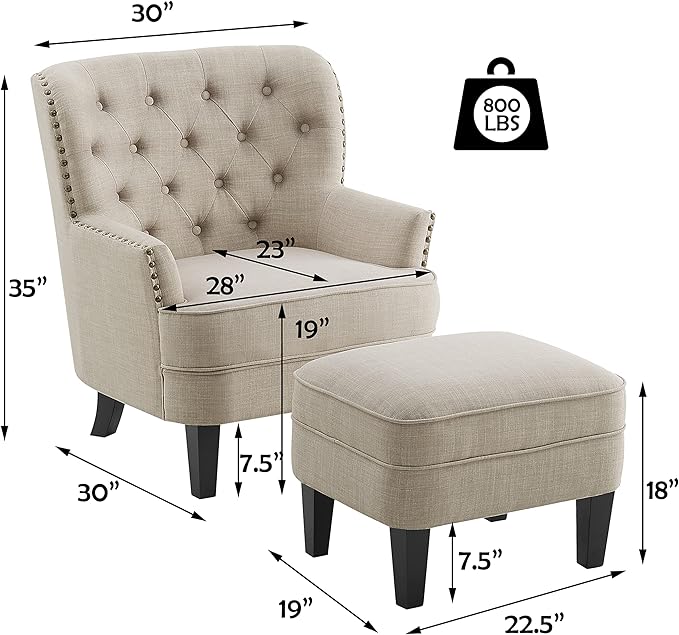 Rosevera Accent Chair and Ottoman Set - Button Tufted Armchair for Living Room Bedroom Reading - Mid-Century Modern Lounge Chair Set - Beige