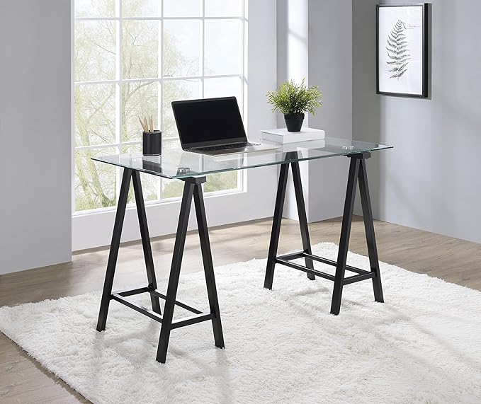 OSP Home Furnishings Middleton 47 Inch Desk with Clear Beveled Glass Top Black Base
