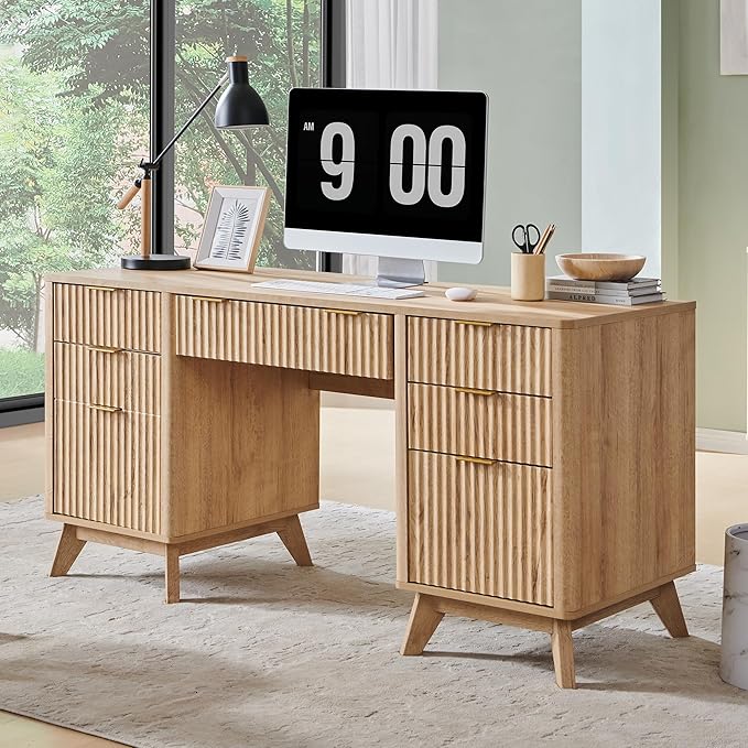 T4TREAM 60'' Fluted Executive Desk with Drawers Modern Home Office Computer Desk with Charging Station Keyboard Tray File Drawer and Storage Cabinet for Study Living Room Bedroom Natural Oak