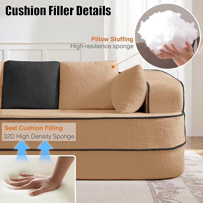 105.9 Modular Sectional Couch Sofa for Living RoomHigh Density Sponge Boneless Sofa with Left ChaiseL-Shaped Cloud Couch with Soft Teddy FabricNo Assembly RequiredCamel