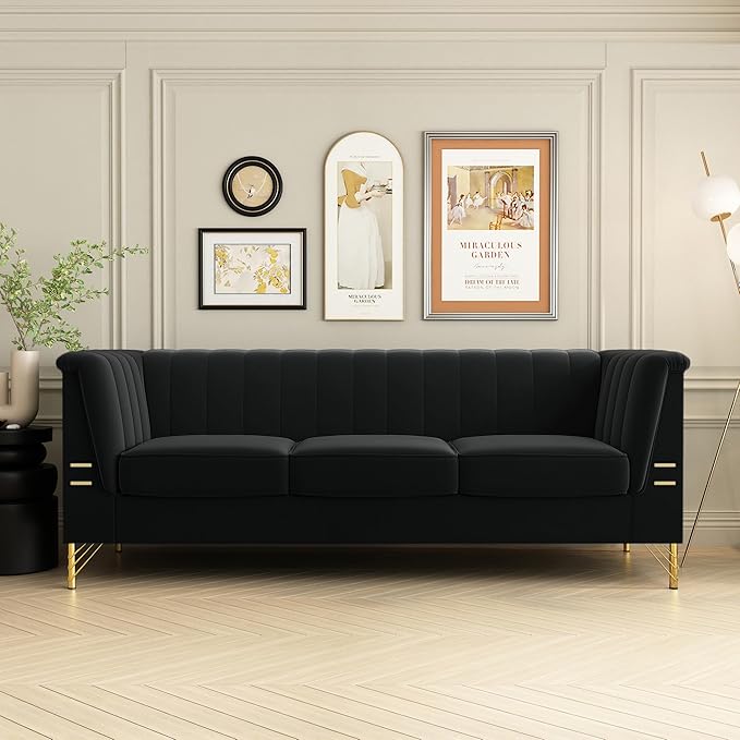 83.46 W Black Velvet Sofa Couch with Metal Gold Legs 3-Seater High Arm Upholstered Sofa for Living Room Bedroom Office (Black)