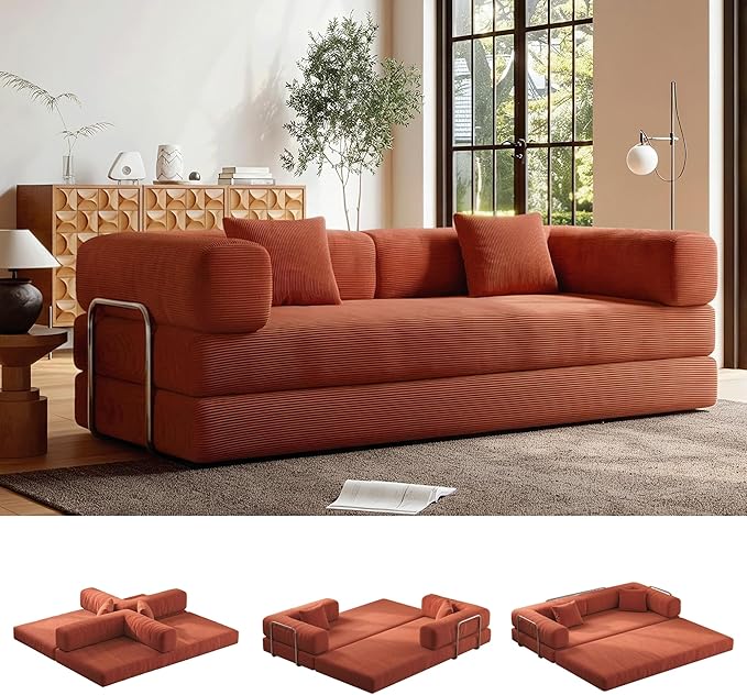 5-in-1 Folding Convertible Sofa Bed Loveseat Sleeper with Pull-Out Bed Floor Sofa Modular Futon Couch 79 Oversized Corduroy Upholstered Boneless Couch for Living Room Bedroom Lounge Orange-A