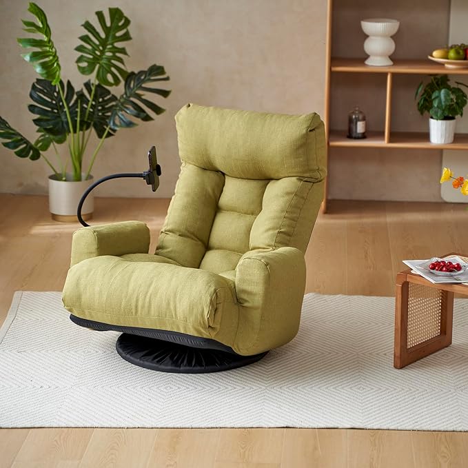 Gwen Upholstered 360° Swivel Chair Lounge Chair with Adjustable Backrest/Headrest Metal Frame Living Room Lounge Sofa and Phone Holder Comfy Bean Bag Chair Green