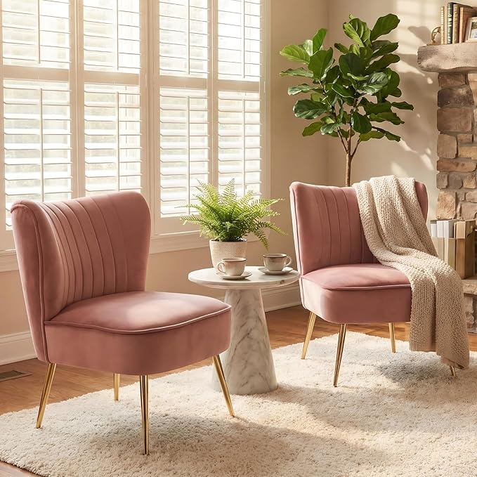 DUOMAY Modern Accent Chair Set of 2 Velvet Slipper Chair with Gold Legs Wingback Side Chair for Living Room Bedroom Entryway Small Corner Chair for Space Saving Blush Pink