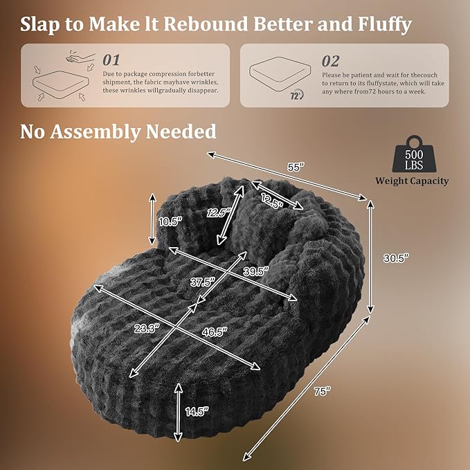 55 Oversized Chaise Lounge Indoor Round Reading Chair Lounge Chair with Ottoman Boneless Sofa Bed Large Fluffy Plush Faux Fur Chaise Chair for Living Room Playroom Bedroom Grey