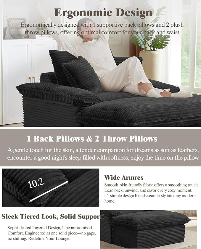 Oversized Chaise Lounge Chair Indoor Upholstered Corduroy Couch with 3 PillowsComfy Fluffy Cloud CouchSingle Sleeper Sofa Chair for Livingroom (Black+Ottoman 52W X 70.87D)