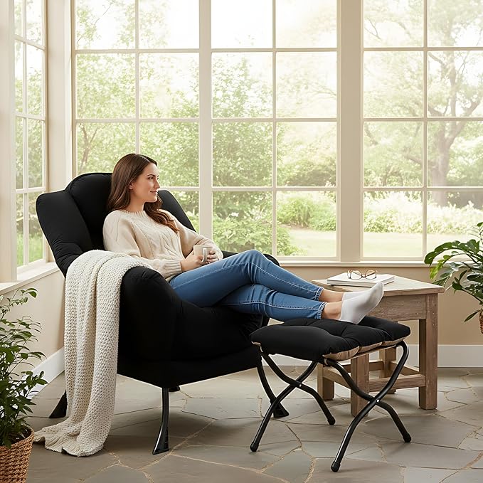 Welnow Lazy Chair with Ottoman Modern Accent Chair with Armrests and a Side Pocket Leisure Sofa Armchair Set Reading Armchair with Footrest for Small Space Black