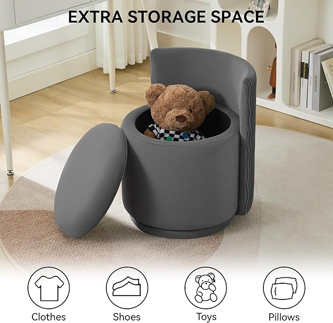 Velvet Vanity Chair with Storage 360° Swivel Makeup Chair with Wave Back No Assembly Small Accent Stool for Bedroom Dressing Living Room Grey