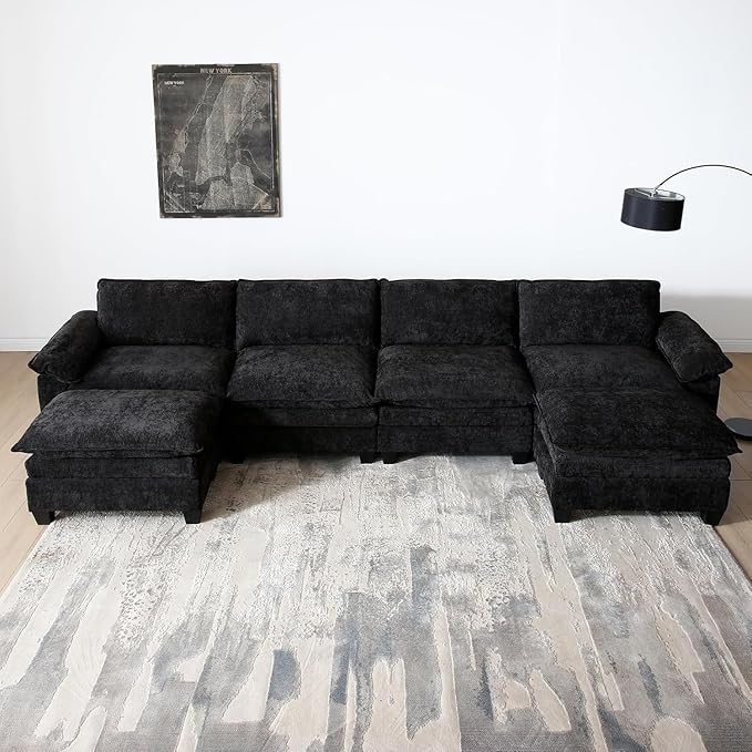 mestyl Modular Sectional Sofa Comfy Cloud Couch U Shaped 4 Deep Seat Sofa Couch with 2 Ottoman 157 Oversized Soft Modern Couches Set for Living Room Chenille Black MT001