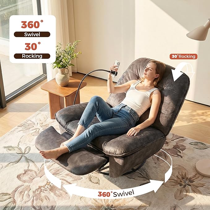 Swivel Rocker Recliner Chair for Adult Glider Nursery Rocking Chair Armless Single Recliner Sofa for Living Room Oversized &amp Overstuffed Phone Holder Included Black