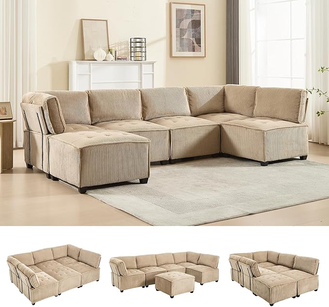 121 Inch Cloud Oversized Modular Sectional Sofa U Shaped Modular Couch with Reversible Chaise Comfy 6 Seat Convertible Sectional Sofa with Ottoman for Living Room Khaki