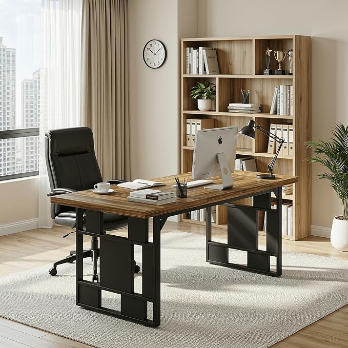 71 Inch Large Executive Desk Heavy Duty Computer Desk with Extra Thick Wooden Tabletop and Metal Frame Modern Workstation Writing Study Desk for Home Office Study Room