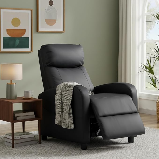HealSmart Push-Back Reclining Chair Adjustable PU Leather Lounge Seat Comfortable Single Seater for Living Room Bedroom &amp Home Theater Black