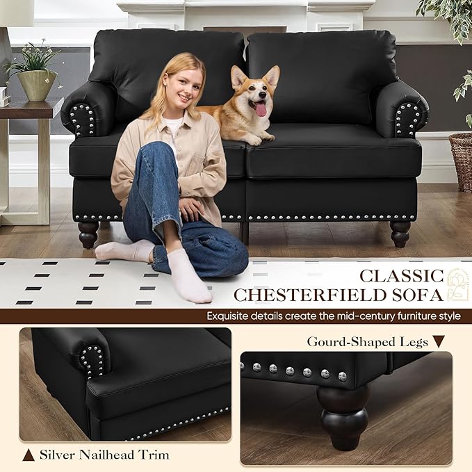 Couch and Loveseat Set Mid Century Chesterfield Faux Leather Vintage Retro Classic 3 Seater Loveseat Sofa Couch with Storage Nailhead Trim &amp Rolled Armrests for Living Room Bedroom Office Black