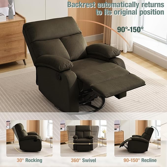 Swivel Rocker Recliner for Adults Small Recliner Chair for Small Spaces Rocking Glider-Nursery Rocking Chair for Living Room RV Nursery Bedroom Brown