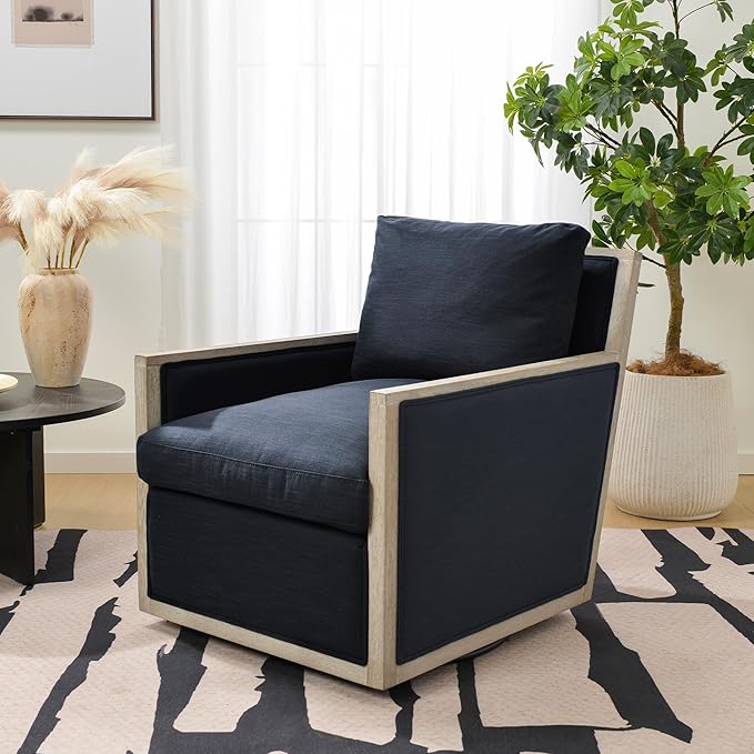 KINWELL 27 Wide Oak Wood Frame Performance Fabric Swivel Armchair No Assembly Down Fill Upholstered Swivel Barrel Chair with Removable Pillow Back for Living Room Bedroom (Indigo)