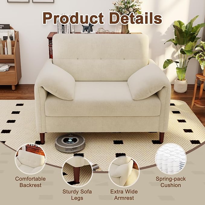 46'' W Oversized Chair Chenille Loveseat Sofa with Deep Seat Mid Century Modern Accent Chair for Living Room Upholstered Comfy Armchair for Bedroom Apartment Studio Office（1Pack Beige）