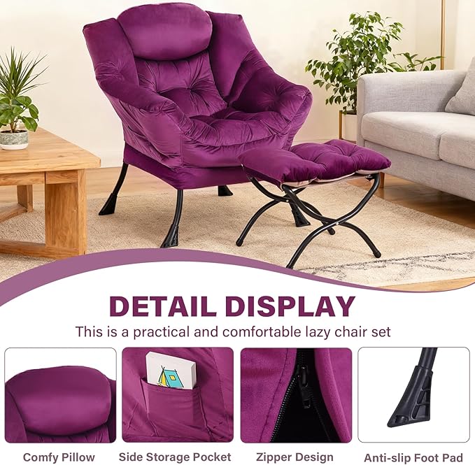 Lazy Chair with Ottoman Modern Accent Chair Lounge Leisure Sofa Chair with Armrests Reading Chair and Folding Footstool for Living Room Bedroom Office Plush Pink