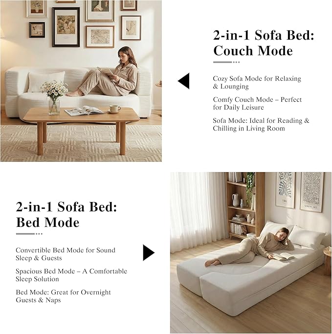2-in-1 Folding Convertible Sofa Bed - 78 Inch Boneless Teddy Loveseat Sleeper Foldable Floor Futon Couch with Pillow Pull-Out Modular Matress for Small Spaces (Living Room/Bedroom/Dorm) (White)