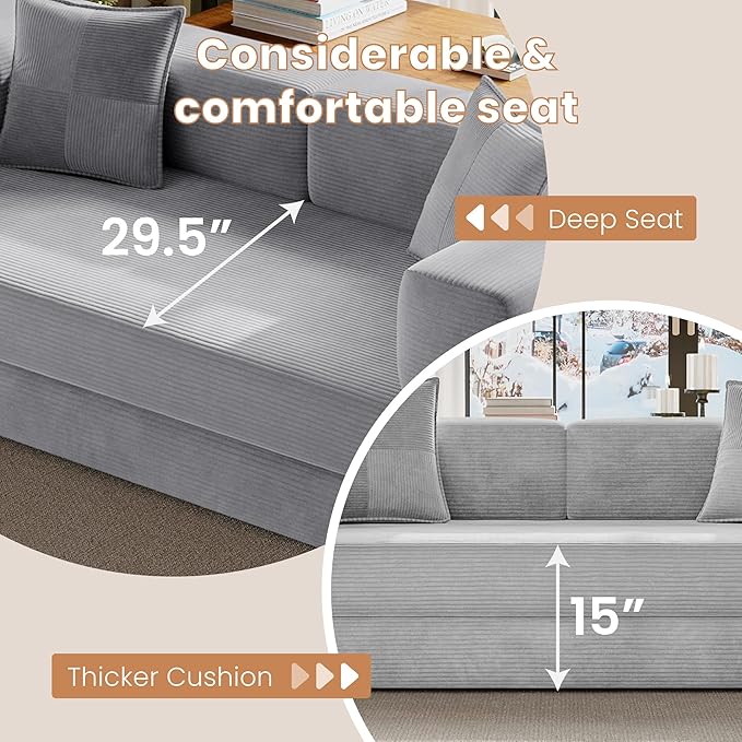 Belhome 78.8 Convertible Sofa Bed Futon Sofa Bed with Side Pocket Corduroy Pull Out Futon Sofa Boneless Couch for Living RoomsNo Assembly Required Pewter