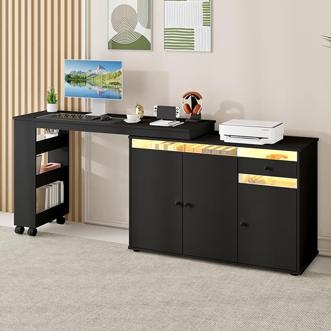 53 L-Shaped Computer Desk Rotating Home Office Desk with Storage Cabinet &amp Drawer Modern Craft/Study/Writing Table with LED Light Reversible Swivel Corner Desk Bedroom Black