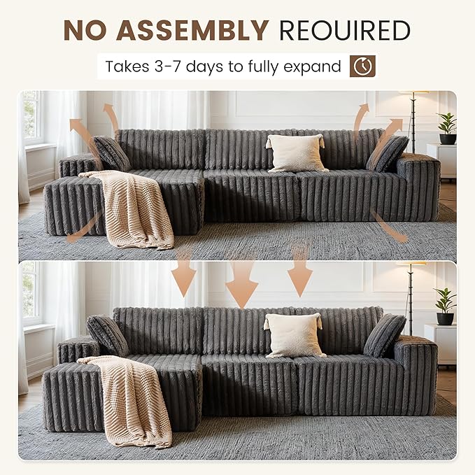 Apicizon 113 Boneless Sectional Couch for Living Room L Shaped Sectional Sofa Couch with Chaise Longue 3 Deep Seat Modular Sofa for ApartmentNo Assembly Required (Plush Corduroy Gray)