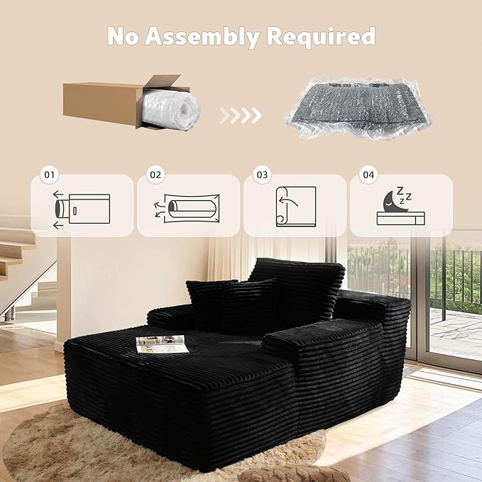 67x48 Oversized Chaise Lounge Chair Indoor Upholstered Sofa Bed with Plush Faux Fur Sleeper Couch Reading Chair Fluffy Cloud Sofa for Living Room Plush Black