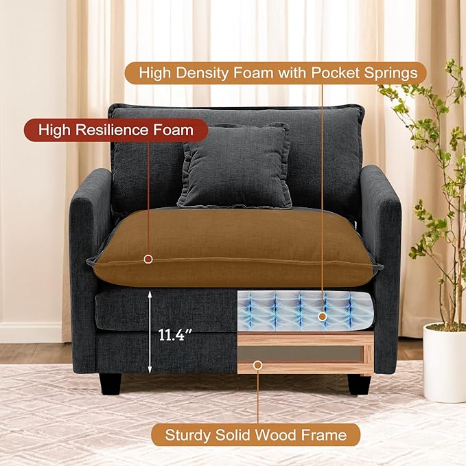 Furniliving Oversized Accent Chairs with Ottoman Luxury Chenille Single Sofa Couch Upholstered Deep Seat Chaise Lounge with Pillows for Living Room Bedroom Apartment Black