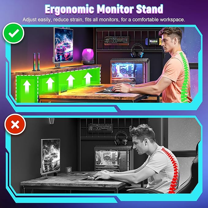 63 Gaming Desk with LED Lights &amp OutletsComputer Desk with Drawers &amp Monitor StandGaming Table with Storage Shelves &amp Printer Space for Game RoomStudy RoomHome OfficeRustic Brown