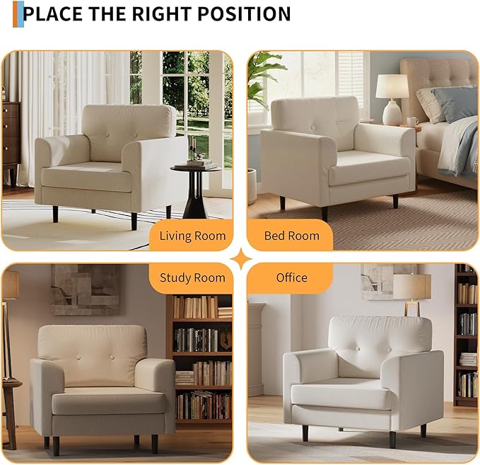 38 Modern Single Sofa Linen Upholstered Armrest Accent Chair with High-Density Foam &amp Fixed ArmrestsComfortable Armchair Upholstered Reading Chair for Living Room Bedroom &amp OfficeBeige