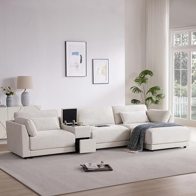 124'' Modular Sectional Sofa with Storage Console and Movable Ottoman 33'' Wide Seat 4 Seat L Shaped Chenille Couch Reversible Comfy Sofa with USB Charger for Living RoomApartment (Beige-K003)