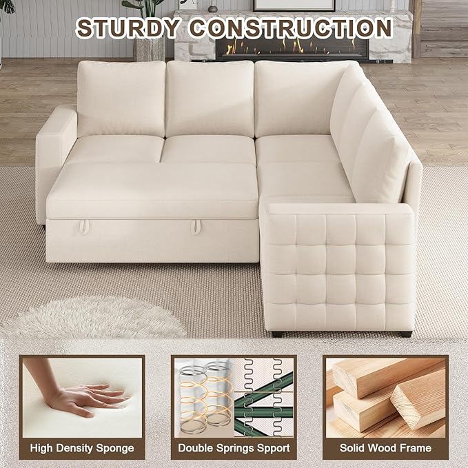 86 Inch Sectional Sleeper Sofa 5 Seat L Shaped Sleeper Sectional Couch with Pull Out Bed Convertible Sofa Bed with Storage for Living Room Apartment Modular Cloud Couches Beige