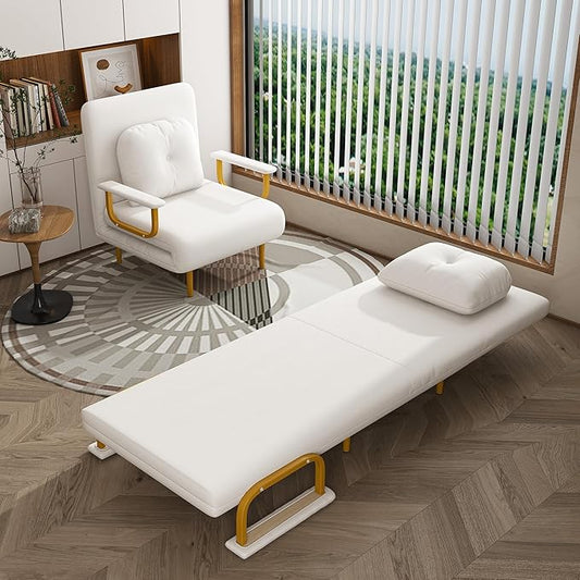 Folding Sofa Bed 5-in-1 Convertible Chair - 5-Position Adjustable Backrest with Pillow Space-Saving Sleeper for Living Room Bedroom &amp Office (White)