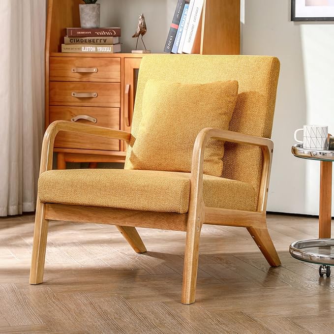 ELUCHANG Mid-Century Modern Accent Chair Upholstered Premium Linen Fabric Armchair with Wooden Frame LegsComfy Living Room Chairs Lounge Chair for Bedroom (Yellow 1 PC)