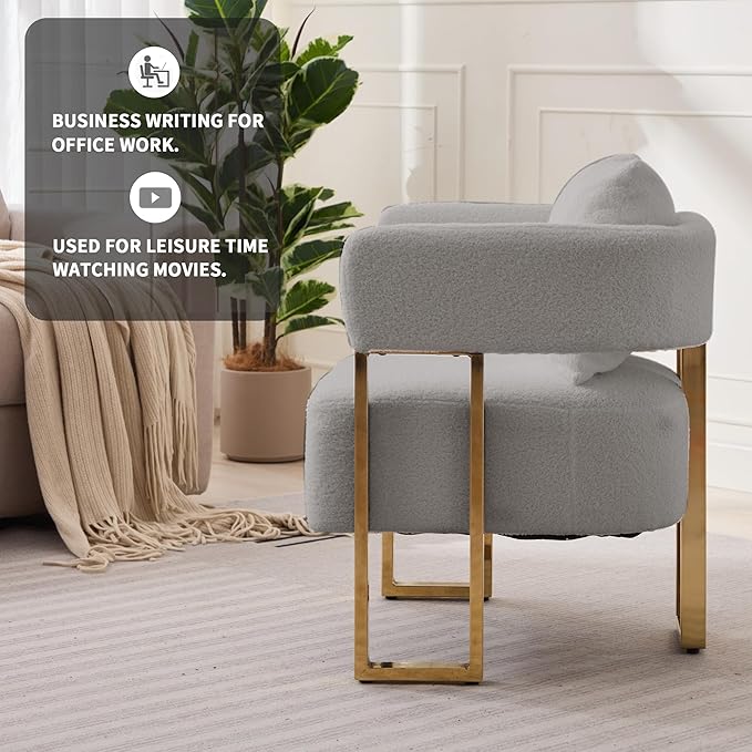 YITAI Modern Accent Chairs no Wheels Living Room Side Chairs Set of 2 with Golden Metal Legs Barrel Soft Teddyt Upholstered Reading Armchairs for OfficeReception RoomBedroomLoungeGrey