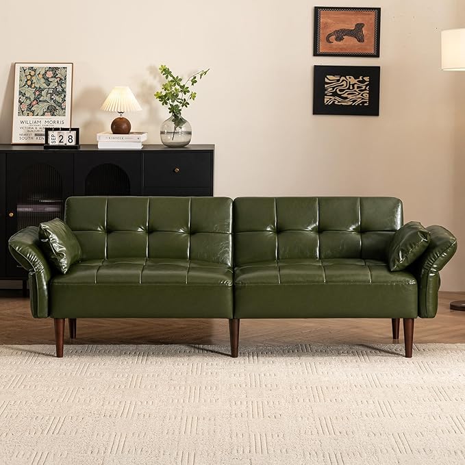 Futon Sofa Bed Sleeper Sofa Small Couch with Storage Adjustable Armrests Pillows Faux Leather Loveseat Mid Century Modern Couches for Living Room Bedroom Apartment Olive Green