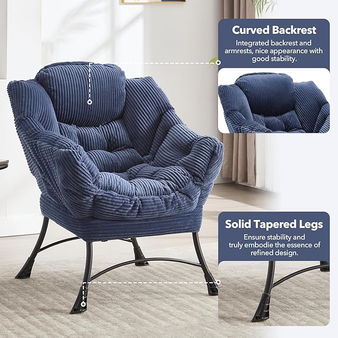 NIOIIKIT Leisure Lazy Chair with Ottoman Corduroy Upholstered Lounge Armchair with Side Pocket Comfy Reading Chair Lazy Sofa Chair for Living Room Bedroom Office (Navy Blue)