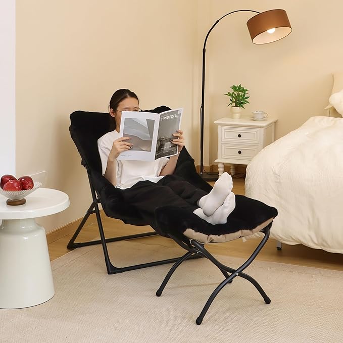 Comfy Saucer Chair for Adults Soft Faux Fur Bedroom Chair with Ottoman Accent Dorm Chairs Living Room Reading Chairs and Footstool Folding Seat for Teens X-Large Black