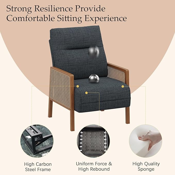Andeworld Grey Accent Chairs Set of 2Upholstered Modern Living Room Chairs with Natural Rattan Arm Side Chair for Bedroom Club Balcony Reception Room