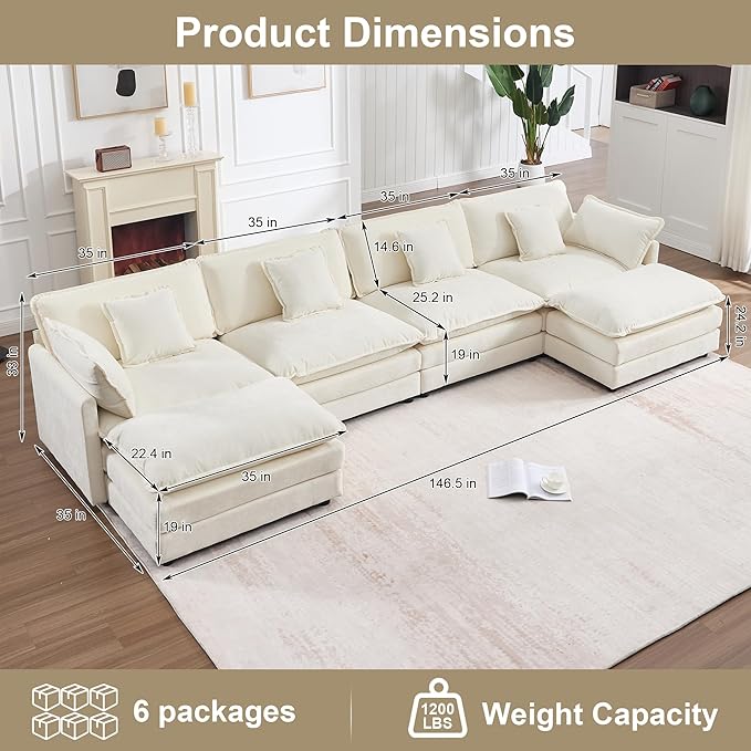 KIVENJAJA Oversized U-Shaped Cloud Modular Sectional Sofa Modern Chenille 4-Seater Deep Seat Couch with 2 Ottomans/Chaises &amp 6 Pillows for Living Room Office 146.5”W Beige