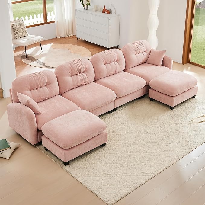 Pink Ottoman for Modular Sectional Sofa Chenille Oversized Sectional Couches for Living Room Bedroom Apartment Cloud Sofa Couch Comfy Couch Ottoman