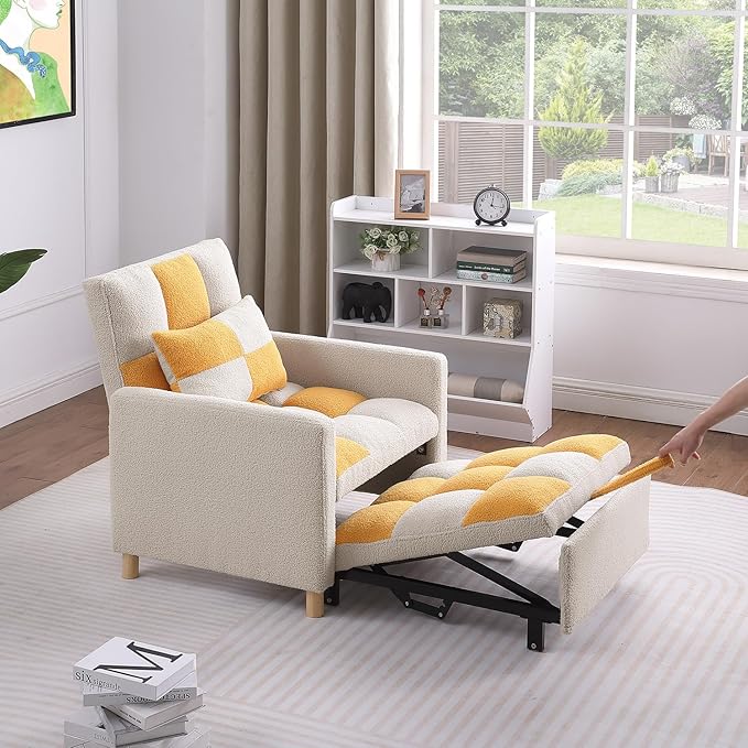 Sleeper Sofa Bed 3-in-1 Convertible Chair Bed Multi-Functional Sleeper Chair Soft Teddy Fabric for Living Room Apartment Office (White&ampYellow)