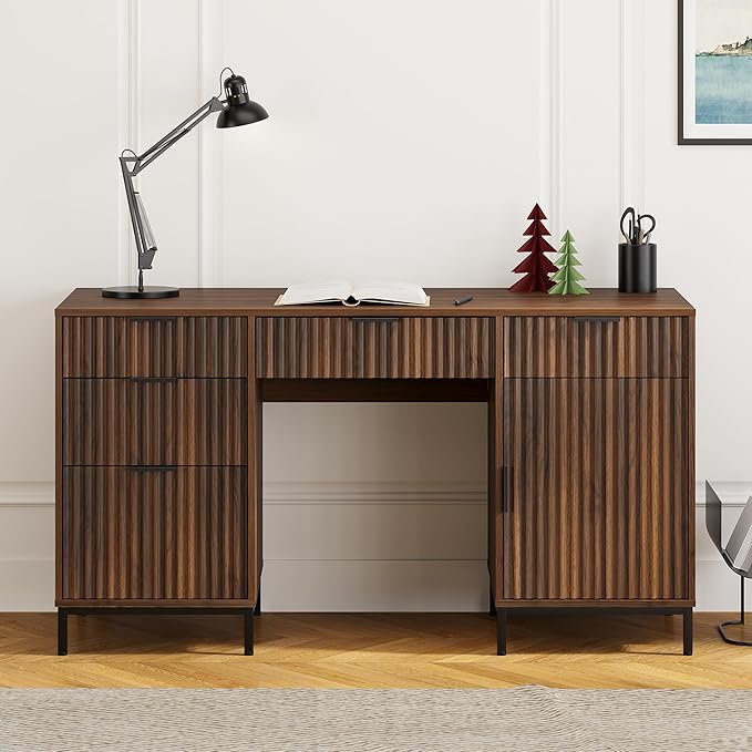 55 Large Fluted Executive Desk with Charging Station Computer Desk with Storage Cabinet and File Drawer Modern Wooden Home Office Desk for Workspace Writing Study Brown