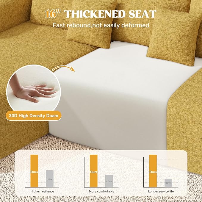 112 Modern Curved Cloud Couch Chenille Boneless Couches for Living Room with Deep Seat Memory Foam Compressed Modular Sectional Sofa No Assembly RequiredYellow 1 PCS