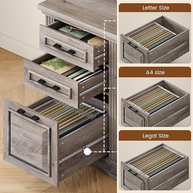 Itaar Farmhouse Executive L Shaped Desk Home Office Desk with File Drawer and Power Outlet Computer Corner Desk with Hutch and Drawer Workstation for Office Home Grey