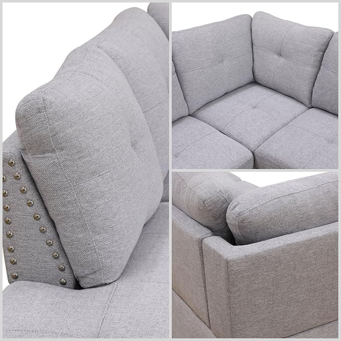 FONTOI L Shaped Sectional Couches for Living Room 4-Seat Modern Modular Sofa with Cup Holders &amp Nail-Head Trim Comfy Couch with Chaise for Office/Bedroom/Apartment Grey White