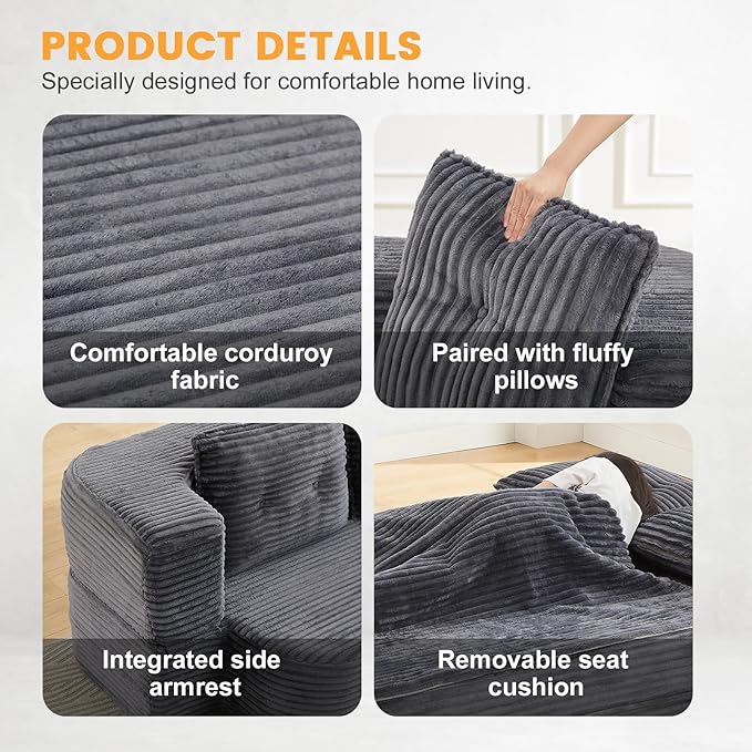 78.4 Convertible Sleeper Sofa Bed Floor Couch Loveseat with Functional Blanket and 2 Soft PillowsCorduroy Fabric Boneless Futon Couch for Living RoomBedroomApartment (Dark Grey)