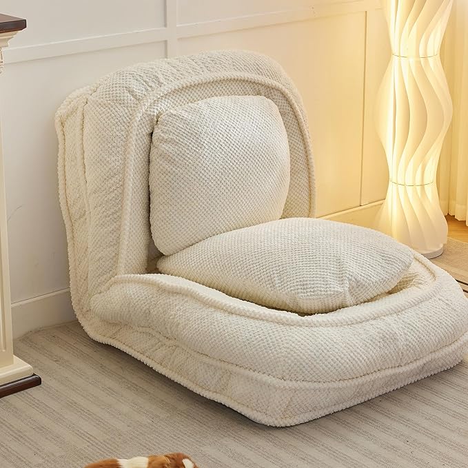 Lazy Sofa Couch 5 Adjustable Position Floor Sofa Fits with 2 Pillows Folding Tatami Lazy Bed Suit to Put in Bedroom Living Room (White)