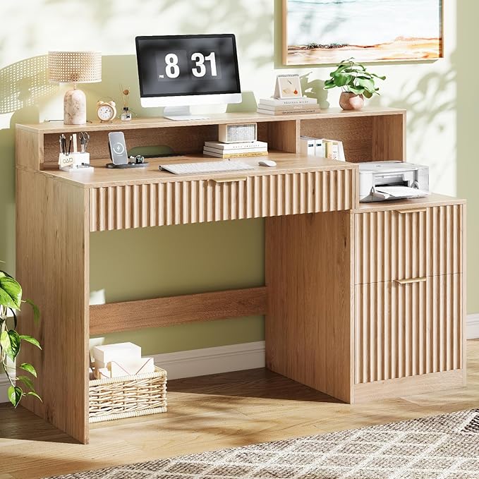 Vabches Fluted Computer Desk with Drawers Home Office Desk with Power Outlets Printer Stand and Storage Cabinet Study Writing Desks with Long Monitor Stand Oak